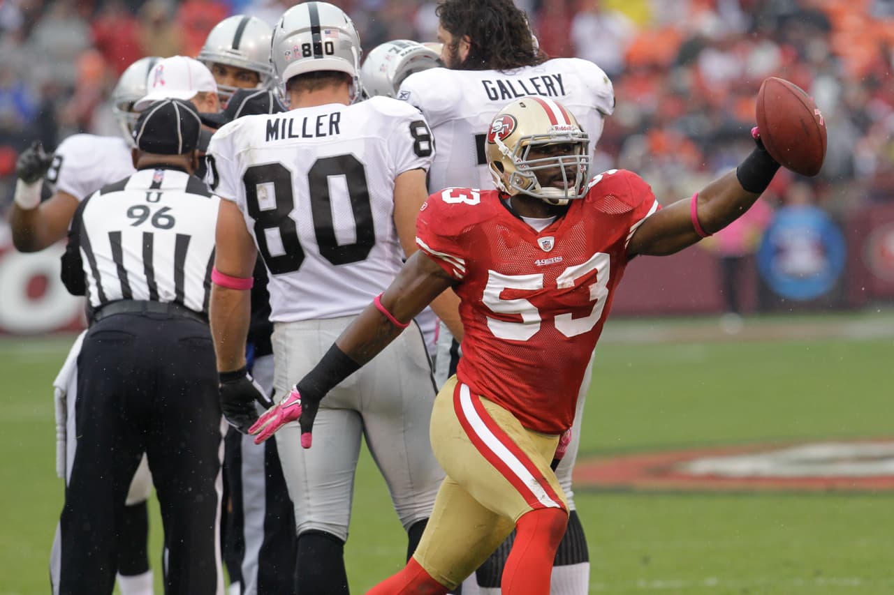 San Francisco 49ers linebacker NaVorro Bowman (53) during the first quarter of an NFL football game in San Francisco, Sunday, Oct. 17, 2010. (AP Photo/Paul Sakuma)