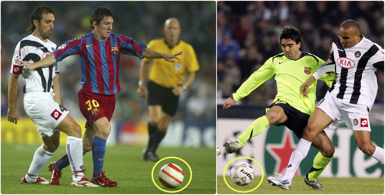 Antes, la marca que fabrica los balones con estrellas de la Champions permitía que cada club usara balones hechos por su patrocinador en la fase grupal. Este Barcelona-Udinese corresponde a la Champions 2005-2006.