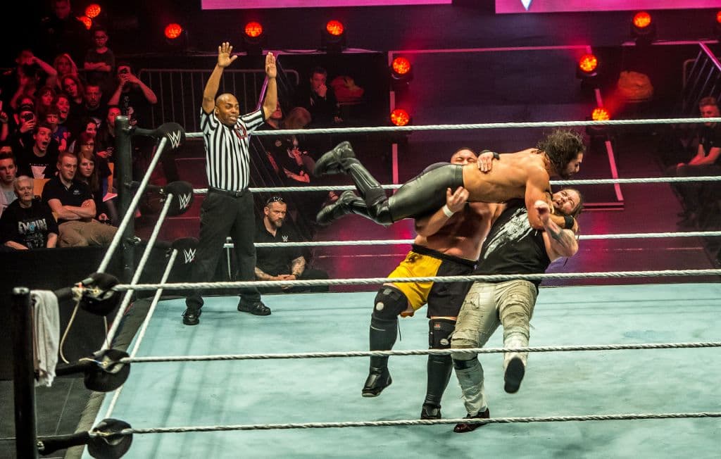 Seth and Bray Samoa Joe (R) battle during the WWE show at Zenith Arena on may 09, 2017 in Lille, France. / AFP PHOTO / PHILIPPE HUGUEN (Photo credit should read PHILIPPE HUGUEN/AFP via Getty Images)