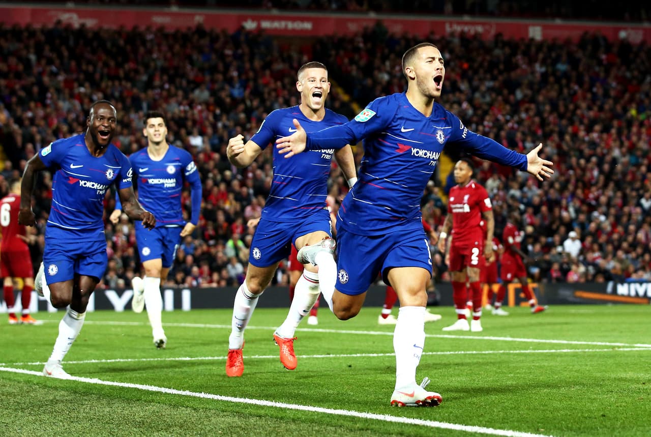 LIVERPOOL, ENGLAND - SEPTEMBER 26: Eden Hazard of Chelsea celebrates after he scores his sides second goal during the Carabao Cup Third Round match between Liverpool and Chelsea at Anfield on September 26, 2018 in Liverpool, England. (Photo by Jan Kruger/Getty Images)