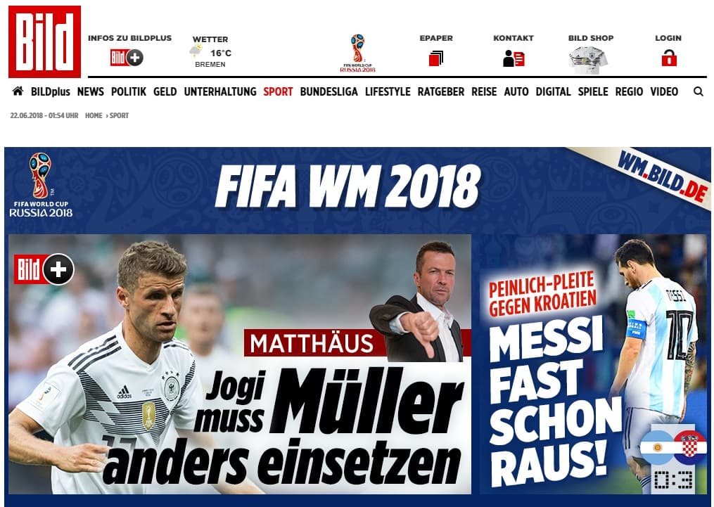 Bild (Alemania) puso en su encabezado: "Messi casi fuera del Mundial, vergüenza en juego ante Croacia"
