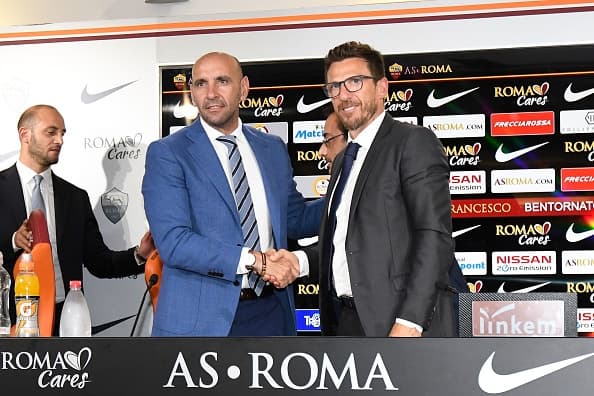 ROME, ITALY - JUNE 14: Sports director of AS Roma Ramon Rodriguez Verdejo Monchi (L) and AS Roma's new head coach Eusebio Di Francesco (R) shake hands as they pose for a photo after a press conference at Fulvio Bernardini Sport Facility in Trigoria district of Rome, Italy on June 14, 2017. (Photo by Claudio Pasquazi/Anadolu Agency/Getty Images)