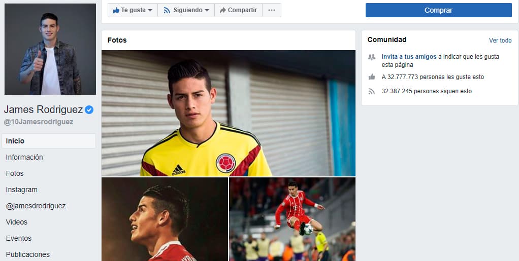 Con más de 32 millones de seguidores, James Rodríguez está en el cuarto lugar de futbolistas con más seguidores en Facebook.