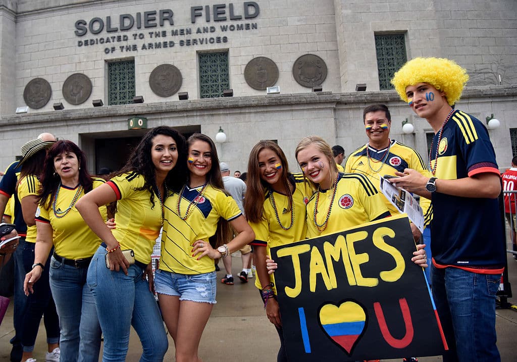 CHICAGO, ILLINOIS - JUNE 22: Fans of Colombia pose for photos before a Semifinal match between Colombia and Chile at Soldier Field as part of Copa America Centenario US 2016 on June 22, 2016 in Chicago, Illinois, US. (Photo by David Banks/LatinContent/Getty Images)