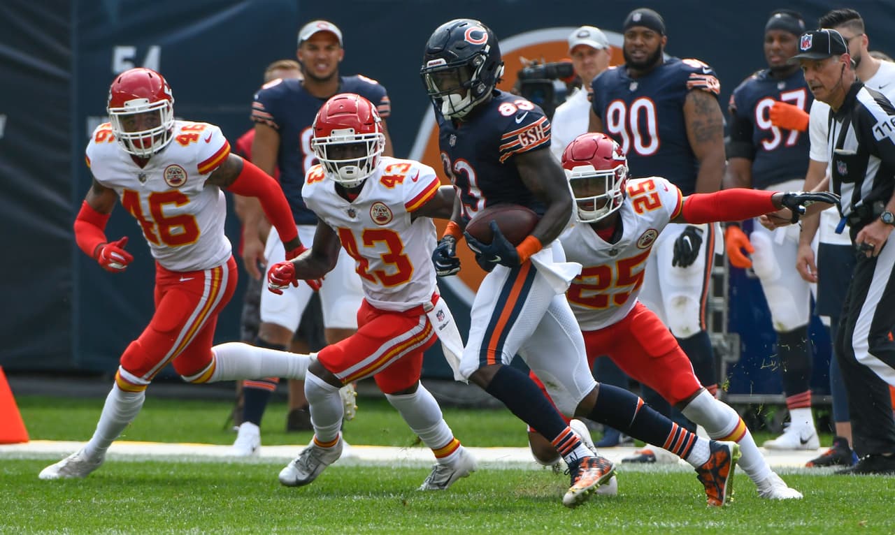 Chicago Bears' Javon Wims catches a pass during the second half of a preseason NFL football game against the Kansas City Chiefs Saturday, Aug. 25, 2018, in Chicago. (AP Photo/Matt Marton)