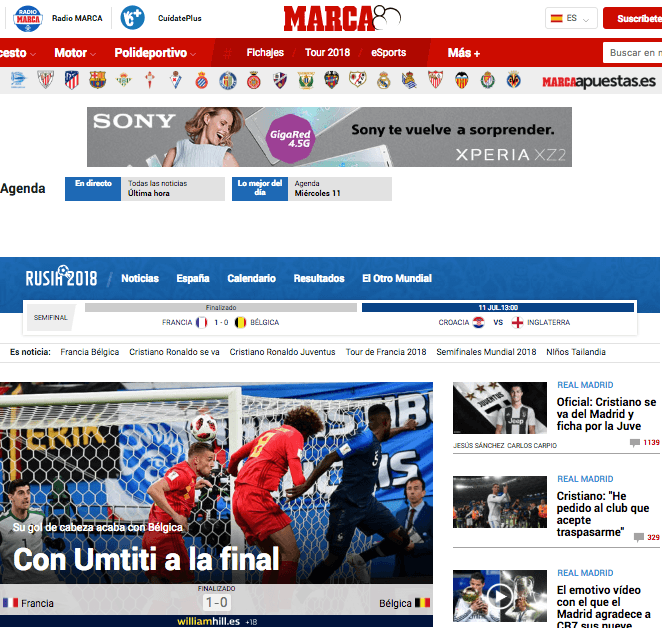 El diario deportivo español 
<i>Marca </i>elogiando la valía del gol de Samuel Umititi.