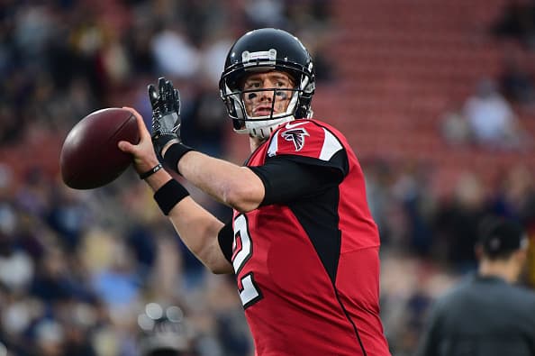 LOS ANGELES, CA - JANUARY 06: Quarterback Matt Ryan #2 of the Atlanta Falcons warms up before the NFC Wild Card Playoff game against the Los Angeles Rams at Los Angeles Coliseum on January 6, 2018 in Los Angeles, California. (Photo by Harry How/Getty Images)