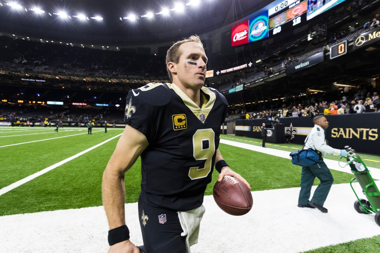 New Orleans Saints quarterback Drew Brees (9) after an NFL regular season game against the Chicago Bears on Sunday, Oct. 29, 2017 in New Orleans. The Saints won, 20-12. (Ric Tapia via AP)