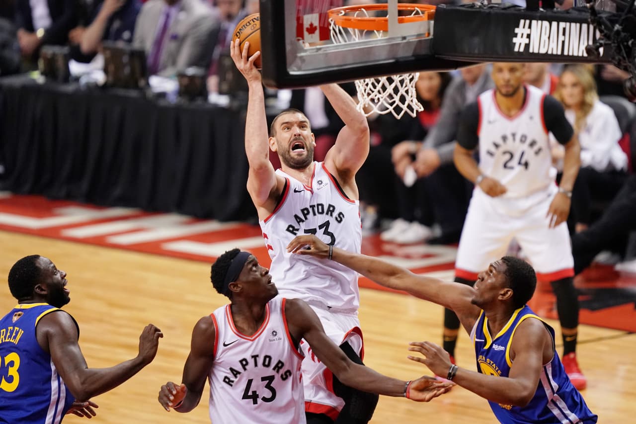 Jun 2, 2019; Toronto, Ontario, CAN; Toronto Raptors center Marc Gasol (33) shoots against the Golden State Warriors during the second quarter in game two of the 2019 NBA Finals at Scotiabank Arena. Mandatory Credit: Kyle Terada-USA TODAY Sports