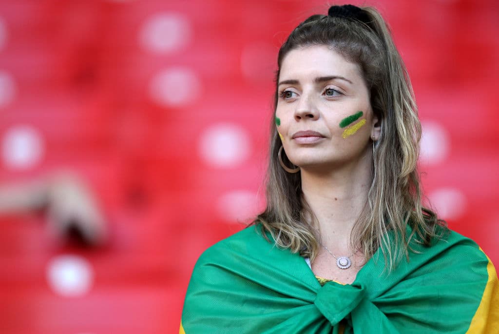 MOSCOW, RUSSIA - JUNE 27: A Brazil fan enjoys the pre match atmosphere prior to the 2018 FIFA World Cup Russia group E match between Serbia and Brazil at Spartak Stadium on June 27, 2018 in Moscow, Russia. (Photo by Buda Mendes/Getty Images)