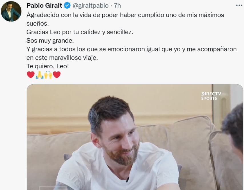 El periodista Pablo Giralt agradeció a Messi por la emotiva entrevista.