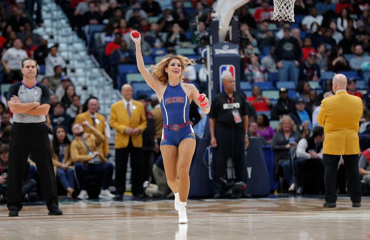 New Orleans Pelicans cheerleaders perform in the first half of an NBA basketball game against the Oklahoma City Thunder in New Orleans, Wednesday, Dec. 12, 2018. (AP Photo/Gerald Herbert)