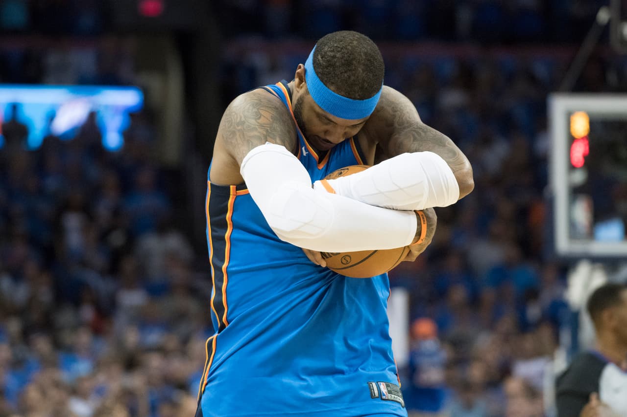 Te traemos las imágenes del primer partido de Carmelo Anthony junto a Russell Westbrook y Paul George contra su antiguo equipo, los Knicks de Porzingis.