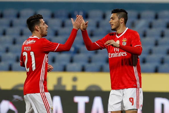 LISBON, PORTUGAL - DECEMBER14: Benfica's forward Raul Jimenez from Mexico celebrates scoring Benfica third goal with Benfica's forward Pizzi from Portugal during the Portuguese Cup Match between Real Massama v SL Benfica at Estadio do Restelo on December 14, 2016 in Lisbon, Portugal. (Photo by Carlos Rodrigues/Getty Images)