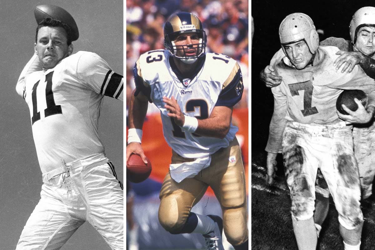 #6 RAMS: Norm Van Brocklin, Kurt Warner, Bob Waterfield (AP-NFL).
