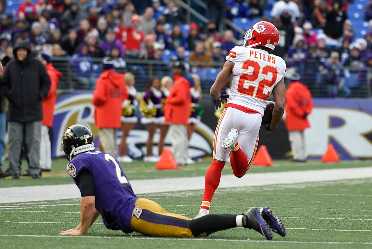 El esquinero novato de los Chiefs MARCUS PETERS tuvo una intercepción devuelta 90 yardas para touchdown y el safety TYVON BRANCH registró un balón suelto recuperado y devuelto 73 yardas para touchdown contra los Ravens.