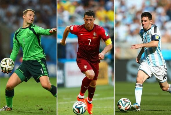 Los finalistas son Manuel Neuer de Alemania y el Bayern Munich, Cristiano Ronaldo de Portugal y el Real Madrid y Lionel Messi de Argentina y el Barcelona. Por ellos analizamos las opciones de ganar de cada uno.