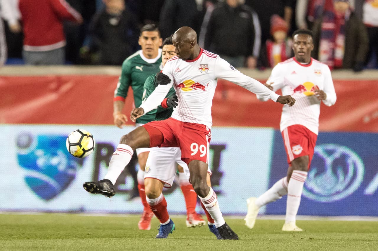 Apr 10, 2018; Harrison, NJ, USA; New York Red Bulls forward Bradley Wright-Phillips (99) controls the ball against Guadalajara during the first half at Red Bull Arena. Mandatory Credit: Vincent Carchietta-USA TODAY Sports