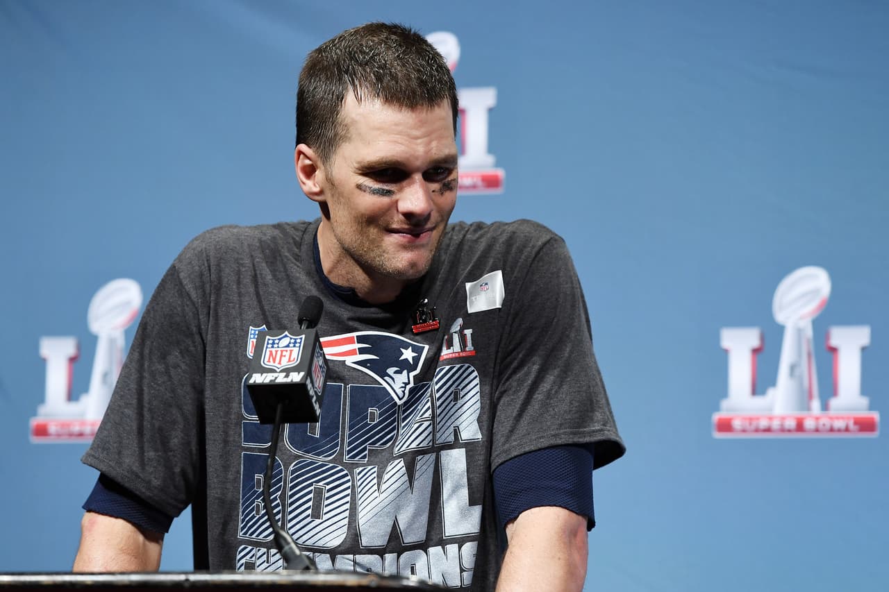 HOUSTON, TX - FEBRUARY 05: Tom Brady #12 of the New England Patriots speaks to the media after Super Bowl 51 at NRG Stadium on February 5, 2017 in Houston, Texas. (Photo by Larry Busacca/Getty Images)