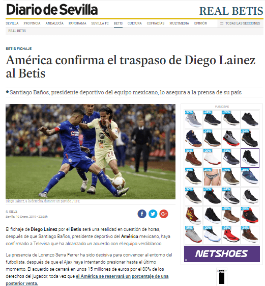 Uno de los periódicos locales, el Diario de Sevilla, también reporta el arribo del americanista al Betis Balompié.