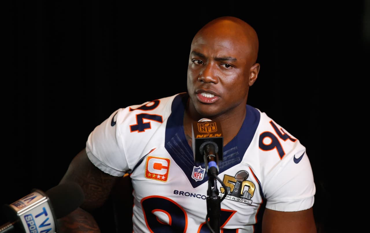 SANTA CLARA, CA - FEBRUARY 04: DeMarcus Ware #94 of the Denver Broncos speaks to the media during the Broncos media availability for Super Bowl 50 at the Stanford Marriott on February 4, 2016 in Santa Clara, California. The Broncos will play the Carolina Panthers in Super Bowl 50 on February 7, 2016. (Photo by Ezra Shaw/Getty Images)