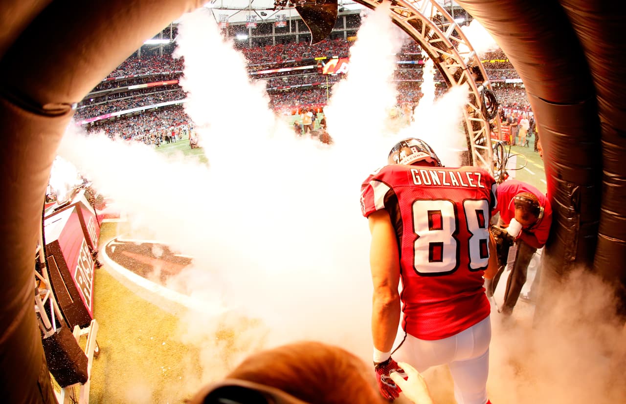 ATLANTA, GA - DECEMBER 29: Tony Gonzalez #88 of the Atlanta Falcons enters the field during pregame introductions prior to facing the Carolina Panthers at Georgia Dome on December 29, 2013 in Atlanta, Georgia. (Photo by Kevin C. Cox/Getty Images)