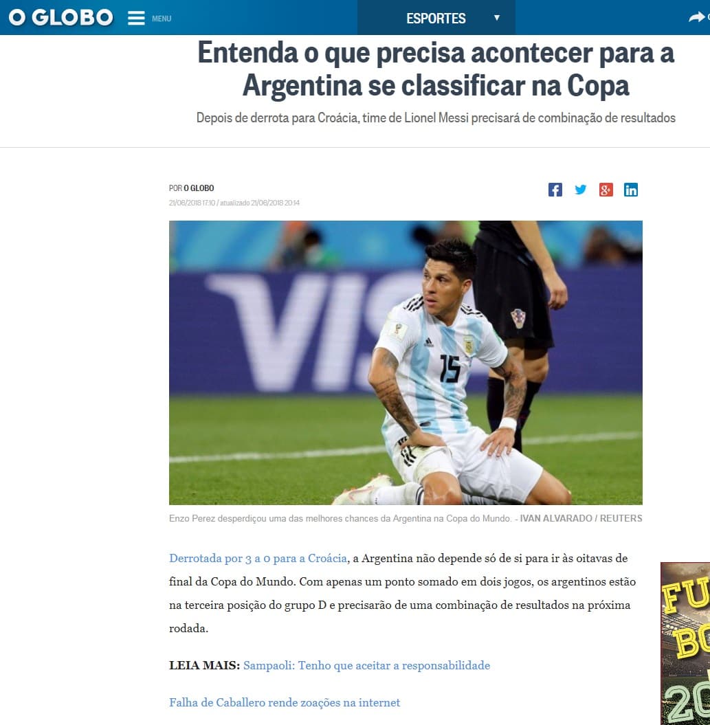 O Globo (Brasil) recapituló lo que debe suceder para que Argentina siga viva en el Mundial.
<br>