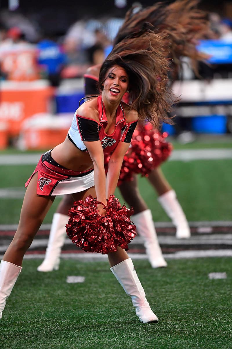Atlanta Falcons cheerleaders perform during the first half of an NFL preseason football game between the Atlanta Falcons and the Kansas City Chiefs, Friday, Aug. 17, 2018, in Atlanta. (AP Photo/John Amis)
