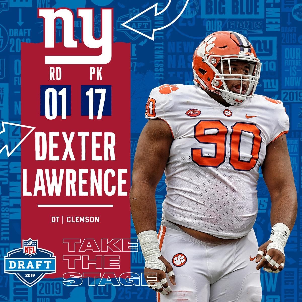 <b>17) Dexter Lawrence (Clemson)</b>. Los New York Giants tomaron al tacle defensivo de los Tigers en la posición 17.
