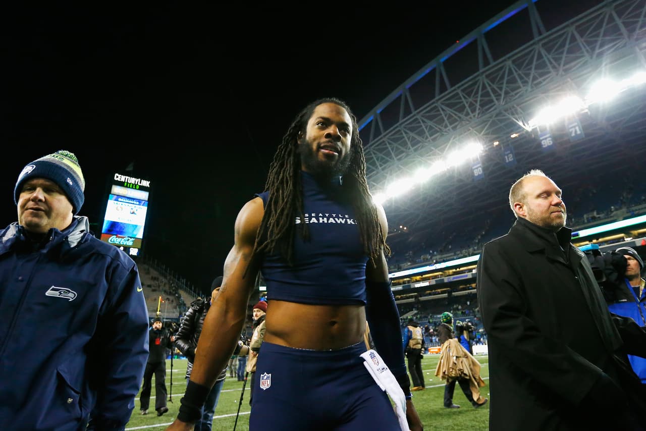 SEATTLE, WA - JANUARY 07: Richard Sherman #25 of the Seattle Seahawks leaves the field after defeating the Detroit Lions 26-6 in the NFC Wild Card game at CenturyLink Field on January 7, 2017 in Seattle, Washington. (Photo by Jonathan Ferrey/Getty Images)
