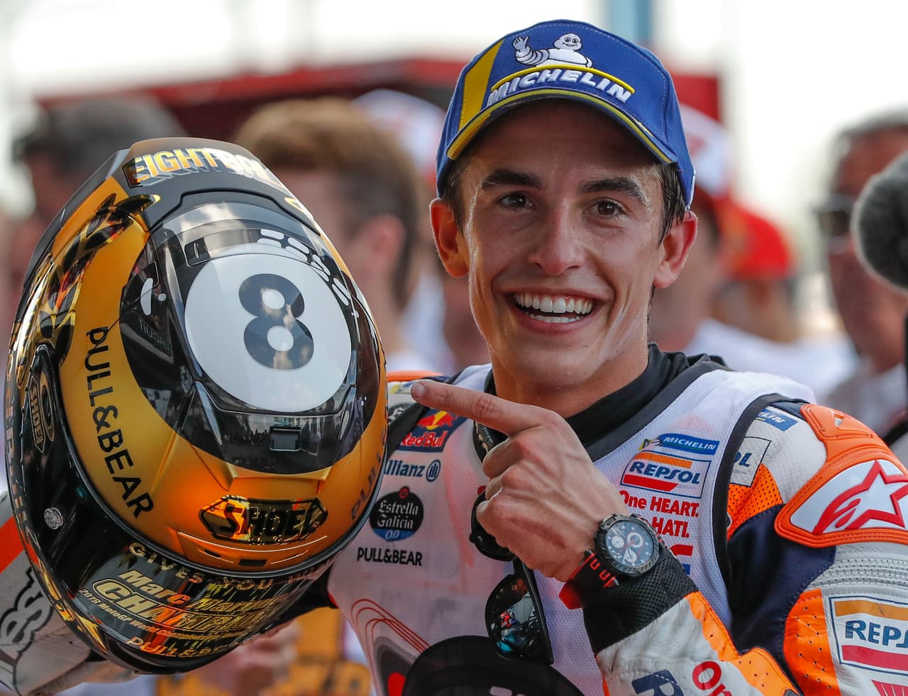 Spain's rider Marc Marquez of the Repsol Honda Team celebrates after winning Thailand's MotoGP at the Chang International Circuit in Buriram, Thailand, Sunday, Oct. 6, 2019. (AP Photo/Gemunu Amarasinghe)