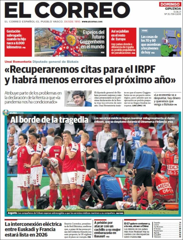 Estas fueron las portadas de la prensa tras el accidente del futbolista Christian Eriksen durante el partido Dinamarca-Finlandia en la Euro 2020.