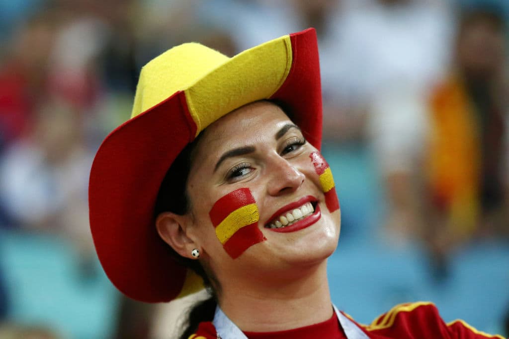 SOCHI, RUSSIA - JUNE 15: A fan of Spain enjoys the pre match atmosphere during the 2018 FIFA World Cup Russia group B match between Portugal and Spain at Fisht Stadium on June 15, 2018 in Sochi, Russia. (Photo by Maddie Meyer/Getty Images)