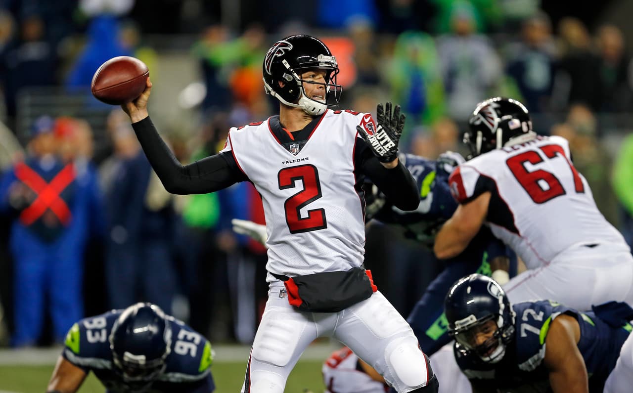 Atlanta Falcons quarterback Matt Ryan (2) passes against the Seattle Seahawks in the second half of an NFL football game, Monday, Nov. 20, 2017, in Seattle. (AP Photo/Stephen Brashear)