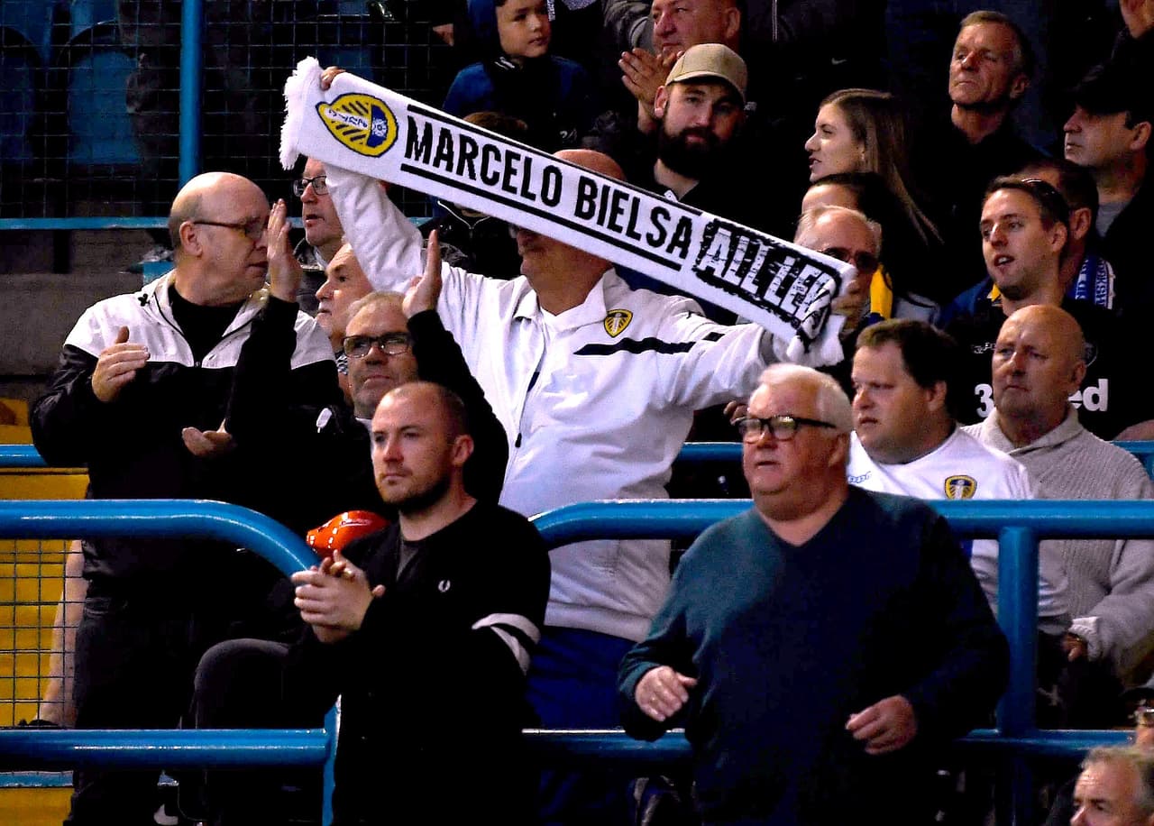 LEEDS, ENGLAND - AUGUST 28: Leeds United fan with a Marcelo Bielsa scarf looks on during the Carabao Cup Second Round match between Leeds United and Preston North End at Elland Road on August 28, 2018 in Leeds, England. (Photo by George Wood/Getty Images)
