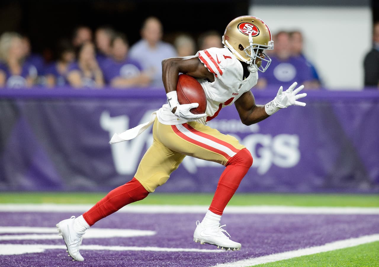 MINNEAPOLIS, MN - AUGUST 27: Victor Bolden #1 of the San Francisco 49ers returns a kickoff against the Minnesota Vikings in the preseason game on August 27, 2017 at U.S. Bank Stadium in Minneapolis, Minnesota. The Vikings defeated the 49ers 32-31. (Photo by Hannah Foslien/Getty Images)