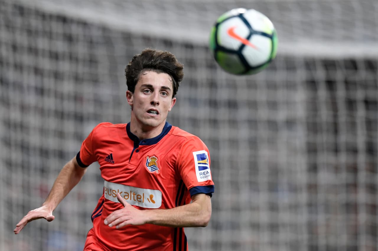 Real Sociedad's Spanish defender Alvaro Odriozola eyes the ball during the Spanish league football match between Real Madrid CF and Real Sociedad at the Santiago Bernabeu stadium in Madrid on February 10, 2018. / AFP PHOTO / GABRIEL BOUYS (Photo credit should read GABRIEL BOUYS/AFP/Getty Images)
