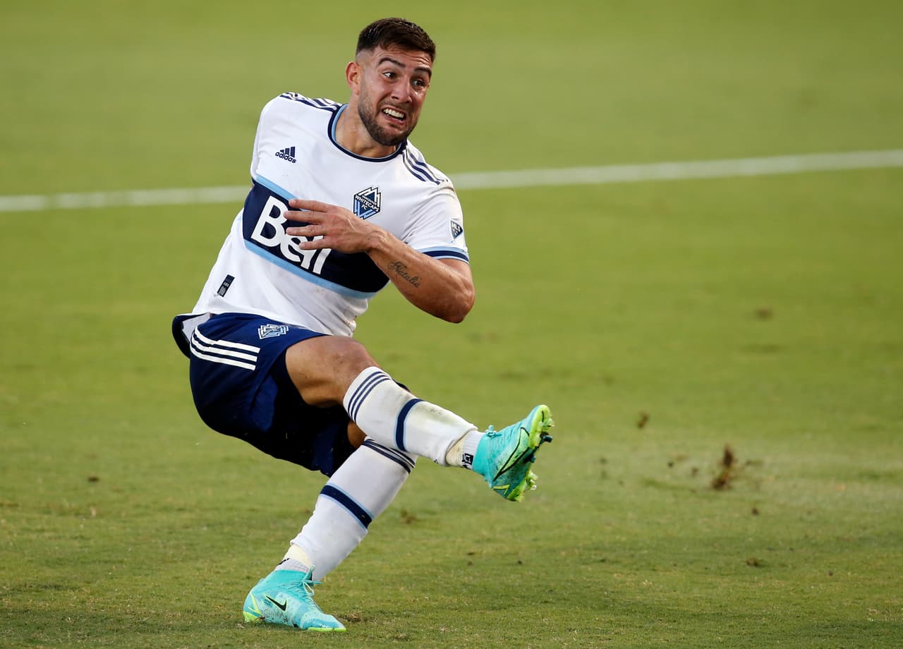 Jul 4, 2021; Frisco, Texas, USA; Vancouver Whitecaps forward Lucas Cavallini (9) scores a goal in the first half against the FC Dallas at Toyota Stadium. Mandatory Credit: Tim Heitman-USA TODAY Sports