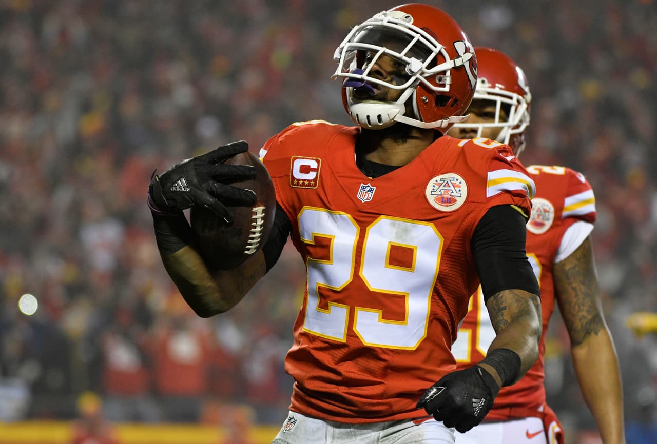 Kansas City Chiefs strong safety Eric Berry (29) celebrates after intercepting a pass in the end zone during the first half of an NFL divisional playoff football game against the Pittsburgh Steelers on Sunday, Jan. 15, 2017, in Kansas City, Mo. (AP Photo/Ed Zurga)