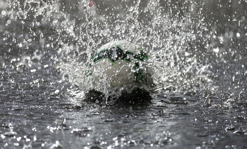 KLAGENFURT, AUSTRIA - JUNE 02: The ball sits in a puddle of water before the International Friendly match between Austria and Germany at Woerthersee Stadion on June 2, 2018 in Klagenfurt, Austria. (Photo by Alexander Hassenstein/Bongarts/Getty Images)