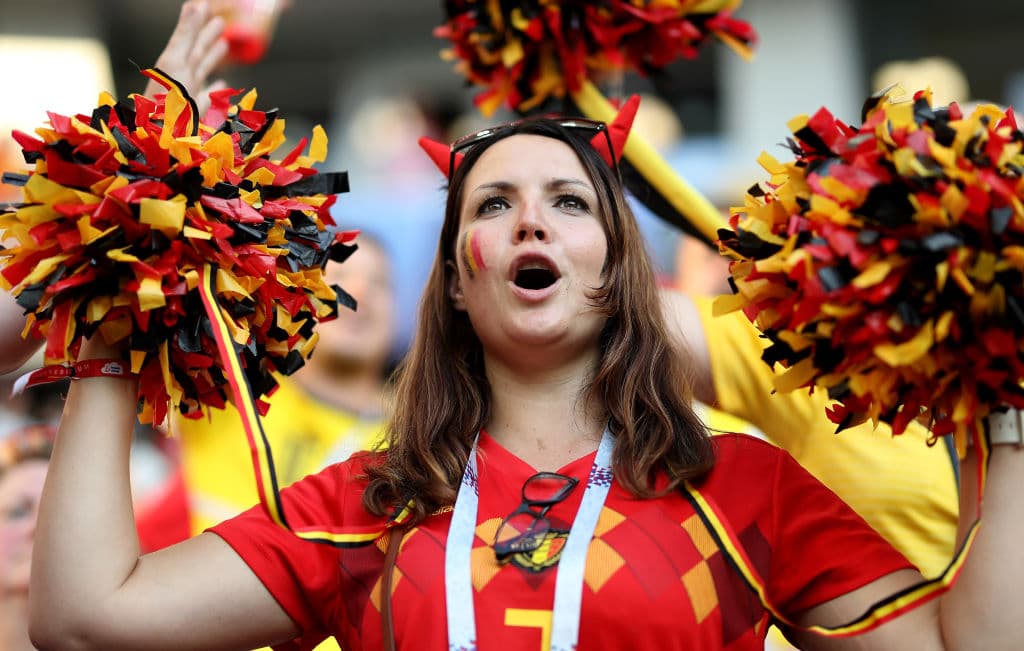 KALININGRAD, RUSSIA - JUNE 28: A Belgium fan enjoys the pre match atmosphere prior to the 2018 FIFA World Cup Russia group G match between England and Belgium at Kaliningrad Stadium on June 28, 2018 in Kaliningrad, Russia. (Photo by Ryan Pierse/Getty Images)