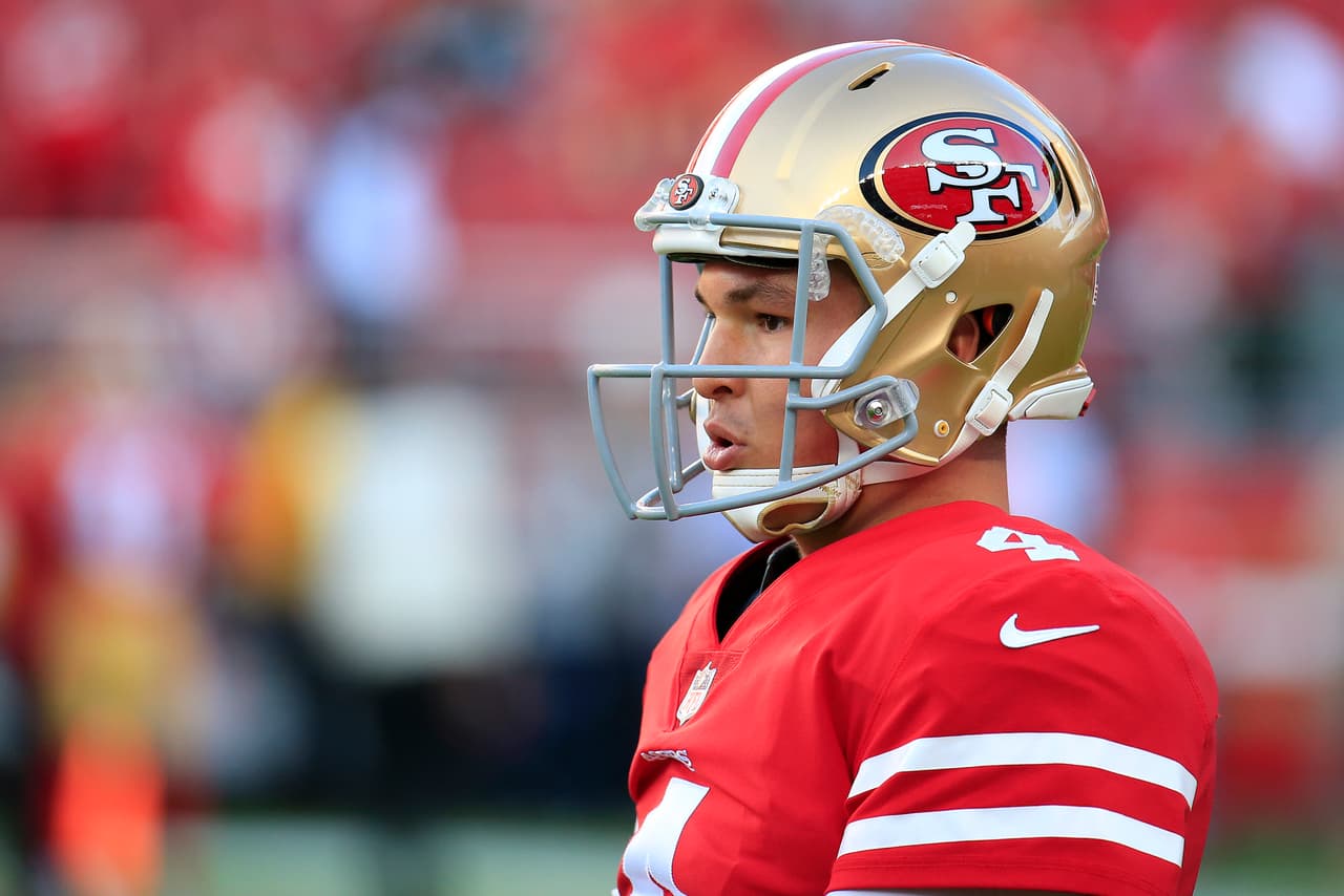 SANTA CLARA, CA - NOVEMBER 01: Nick Mullens #4 of the San Francisco 49ers warms up prior to their game against the Oakland Raiders at Levi's Stadium on November 1, 2018 in Santa Clara, California. (Photo by Daniel Shirey/Getty Images)