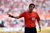 Referee Deniz Aytekin reacts during the German first division Bundesliga football match 1FC Cologne vs Hamburger SV in Cologne, western Germany, on August 29, 2015. Cologne wins 2-1. AFP PHOTO / PATRIK STOLLARZ RESTRICTIONS: DURING MATCH TIME: DFL RULES TO LIMIT THE ONLINE USAGE TO 15 PICTURES PER MATCH AND FORBID IMAGE SEQUENCES TO SIMULATE VIDEO. == RESTRICTED TO EDITORIAL USE == FOR FURTHER QUERIES PLEASE CONTACT DFL DIRECTLY AT + 49 69 650050. (Photo credit should read PATRIK STOLLARZ/AFP/Getty Images)