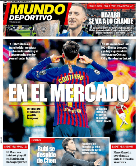 <i><b>Mundo Deportivo</b></i>, diario deportivo español de Barcelona, lleva en el cintillo superior el adiós de Hazard del Chelsea.