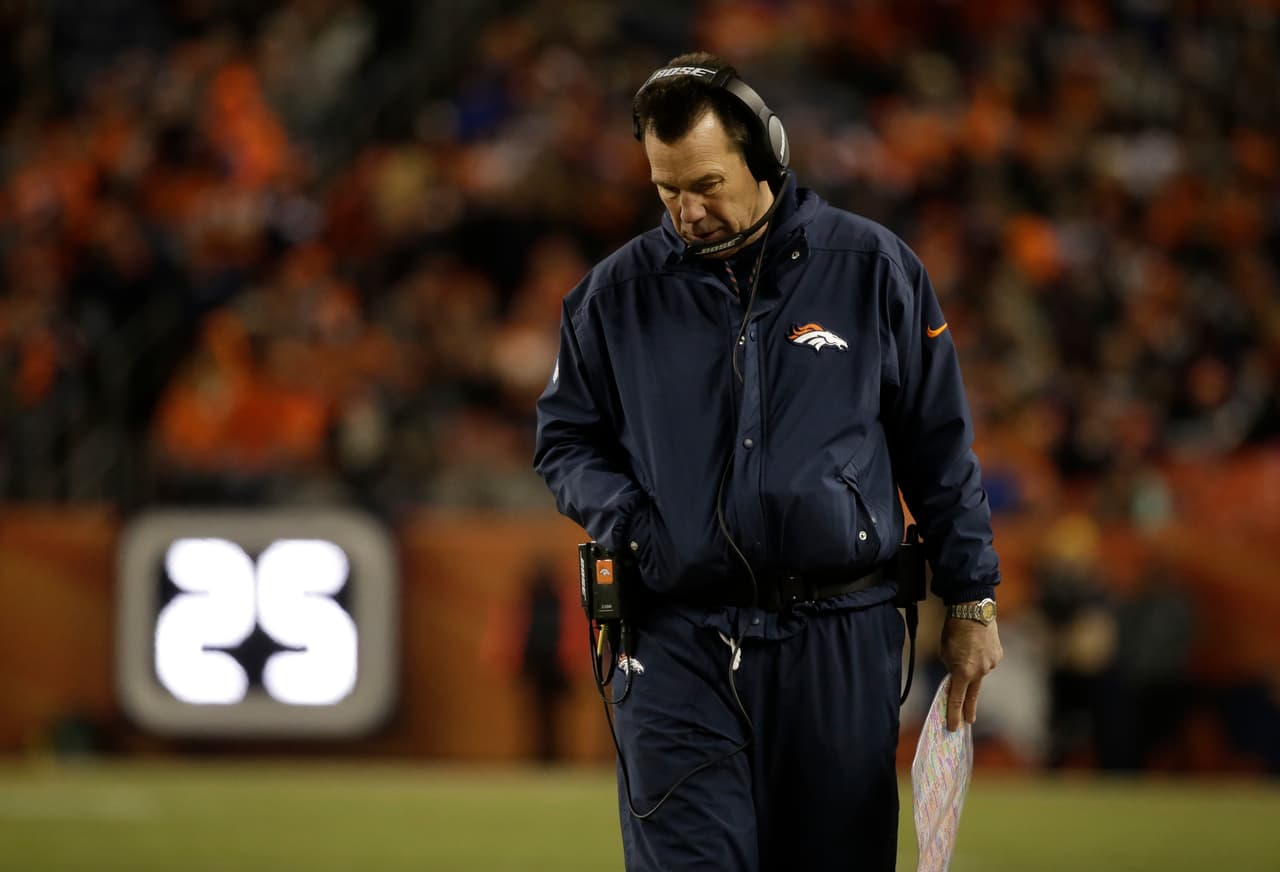 Denver Broncos head coach Gary Kubiak wears a headset during an NFL football game against the Oakland Raiders, Sunday, Jan. 1, 2017, in Denver. (AP Photo/Jack Dempsey)