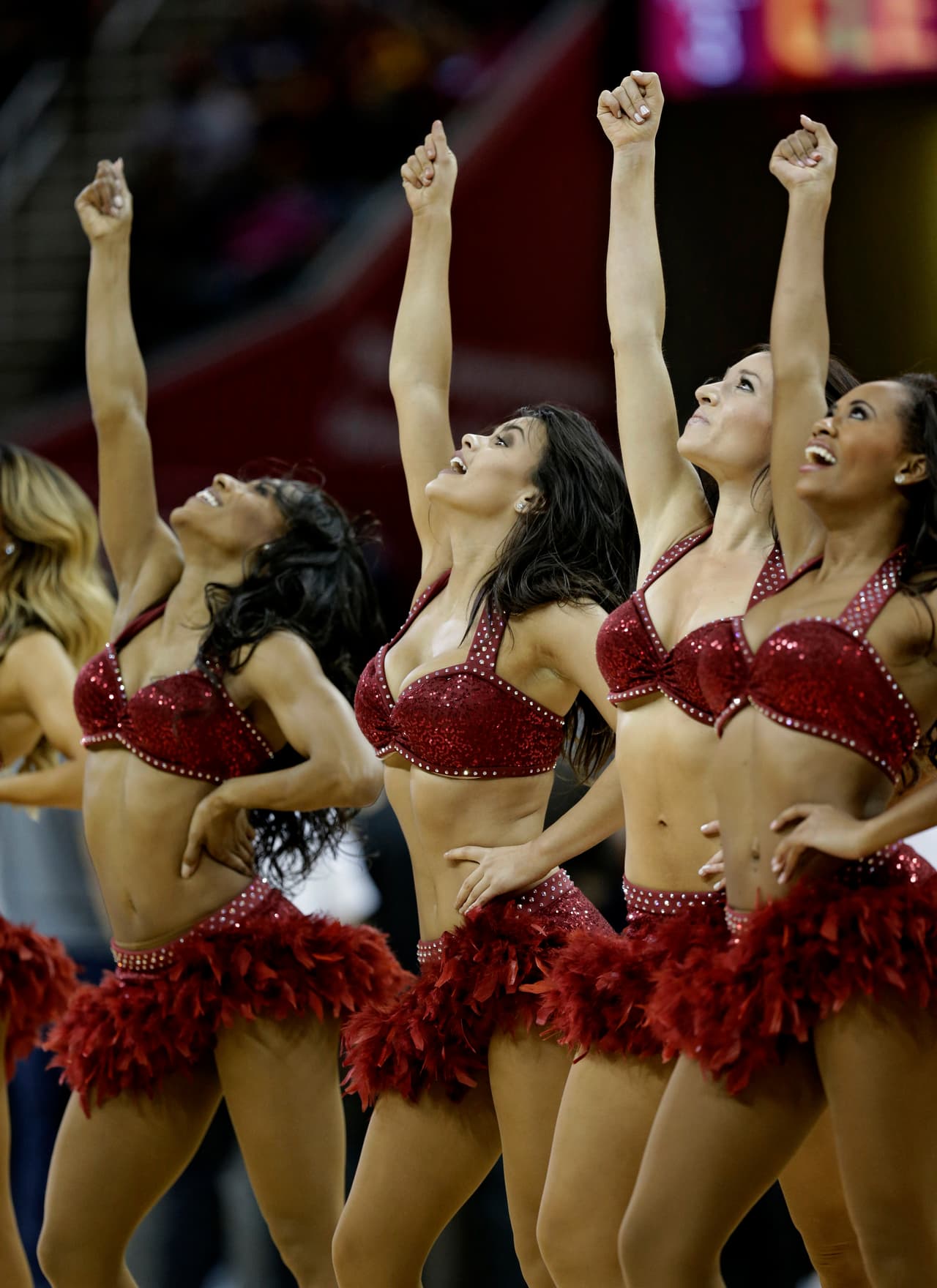 The Cleveland Cavaliers cheerleaders perform in the first half of an NBA basketball game between the Boston Celtics and the Cleveland Cavaliers, Friday, Feb. 5, 2016, in Cleveland. (AP Photo/Tony Dejak)