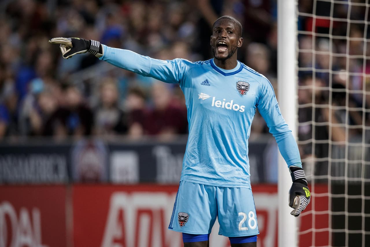 Aug 19, 2017; Commerce City, CO, USA; D.C. United goalkeeper Bill Hamid (28) gestures in the first half against the Colorado Rapids at Dick's Sporting Goods Park. Mandatory Credit: Isaiah J. Downing-USA TODAY Sports