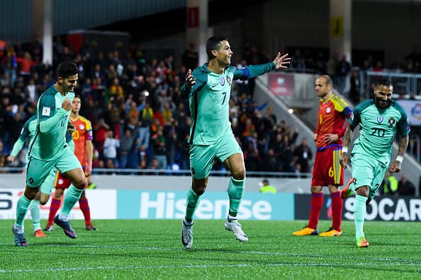 ANDORRA LA VELLA, ANDORRA - OCTOBER 07: Cristiano Ronaldo of Portugal celebrates after scoring the opening goal past the goalkeeper Josep Gomes of Andorraduring the FIFA 2018 World Cup Qualifier between Andorra and Portugal at the Estadi Nacional on October 7, 2017 in Andorra la Vella, Andorra. (Photo by David Ramos/Getty Images)