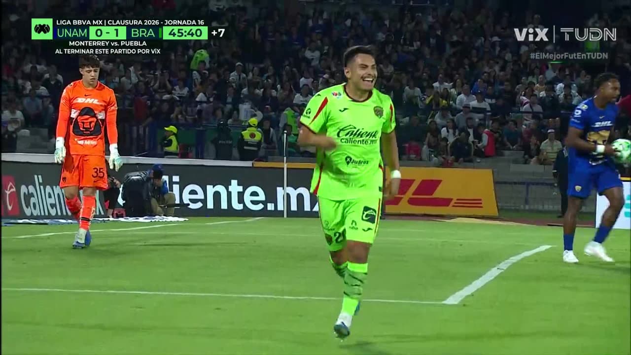 ¡Golazo de Juárez! Bravos tiene contra las cuerdas a Pumas con el 0-2