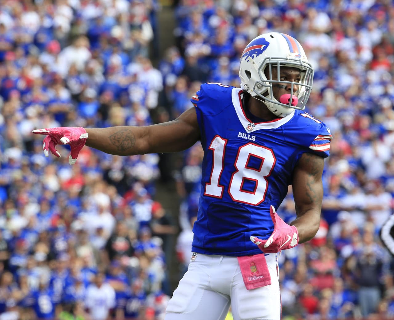 Buffalo Bills wide receiver Percy Harvin runs into position against the New York Giants during the second half of an NFL football game, Sunday, Oct. 4, 2015, in Orchard Park, N.Y. (AP Photo/Bill Wippert)